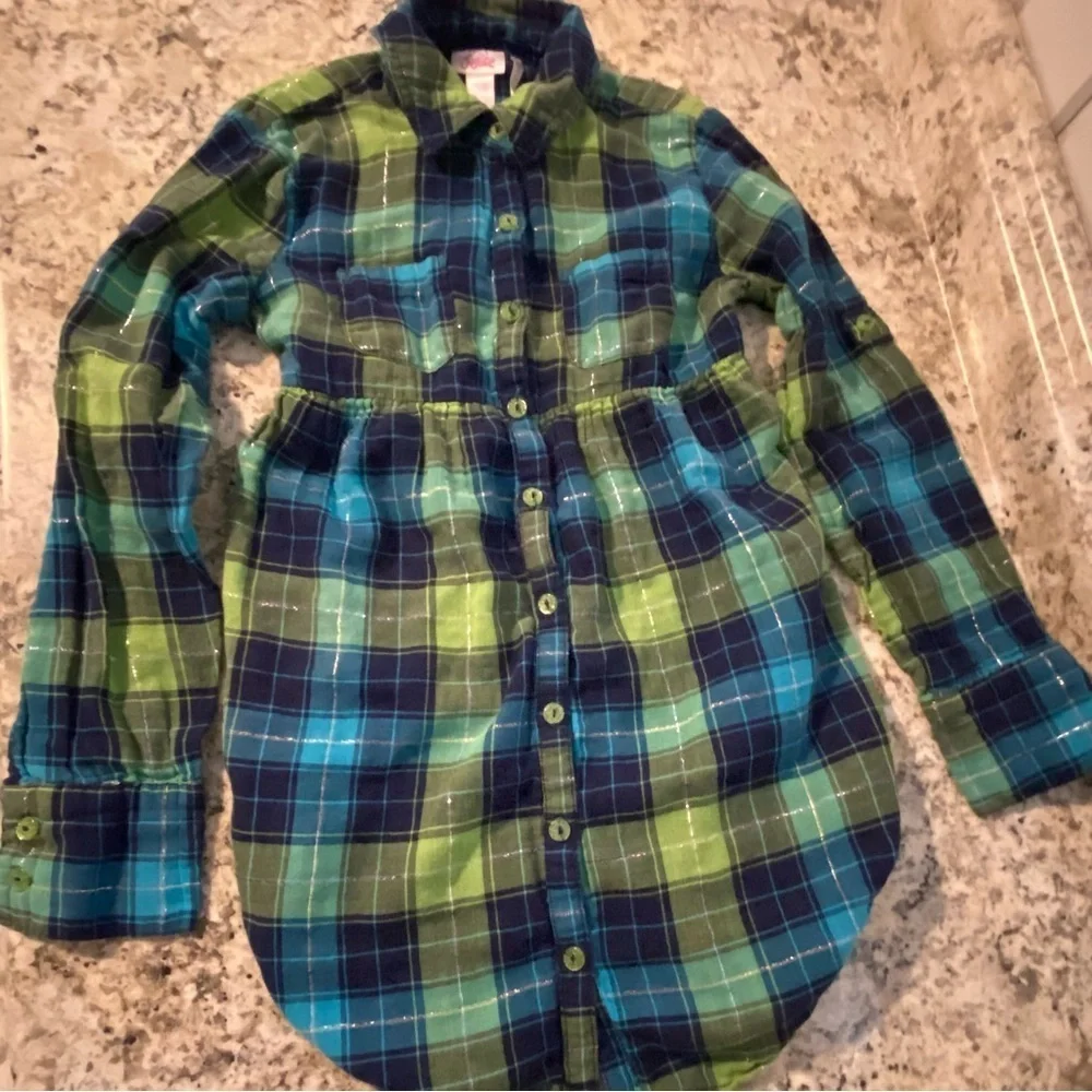 Justice Size 10 Girls Plaid Shirt Dress- Green And Navy Blue